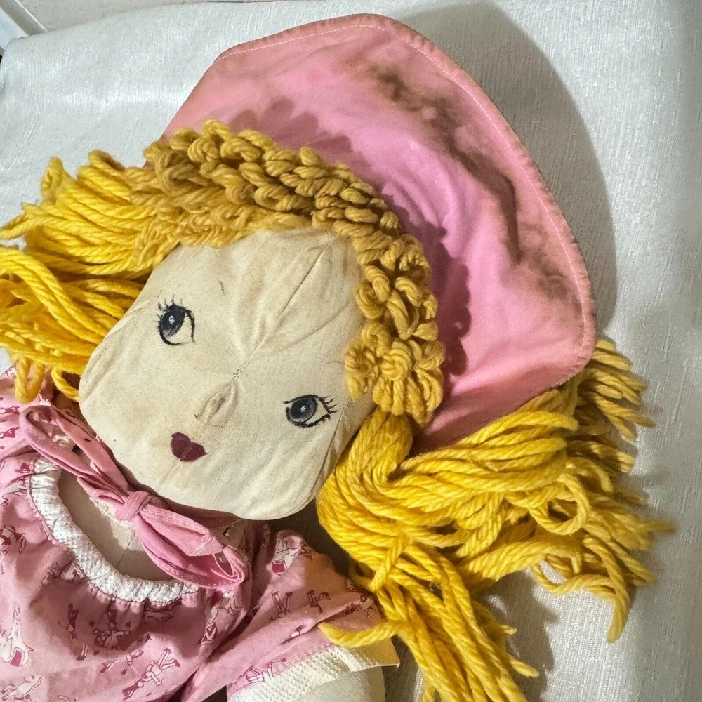 Vintage Handmade Rag Doll Yellow Yarn Hair Pink Circus Outfit Cottagecore 18